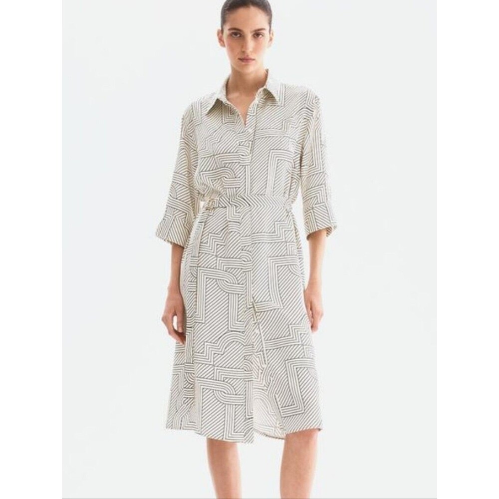 H&M Belted Shirt Dress Geometric Print Ivory Black Business Career M Half Sleeve